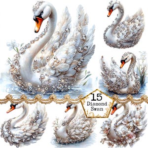 Paquete de imágenes prediseñadas de cisne de diamante JPEG, imágenes prediseñadas de cisne de fantasía, imágenes prediseñadas de aves, uso comercial, descarga instantánea, manualidades de papel, diario basura, álbumes de recortes