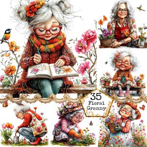 Paquete de imágenes prediseñadas de abuela primaveral con acuarela JPEG, divertidas flores de abuela primaverales, arte, descarga instantánea, manualidades de papel, diario basura, álbumes de recortes