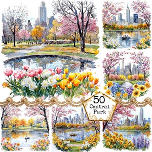 Paquete de imágenes prediseñadas de acuarela JPEG de Central Park, parque de primavera, parque floral, Nueva York, descarga instantánea, manualidades con papel, diario basura, álbumes de recortes