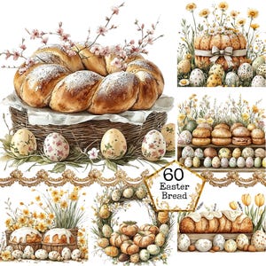 Op de afbeelding: Een verzameling van zes afbeeldingen met paasbrood, versierd met bloemen en eieren. De afbeeldingen omvatten een gevlochten brood in een mand, een broodkrans met eieren en bloemen, een brood met een lint en een verscheidenheid aan andere broden met eieren en bloemen.