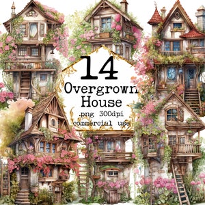 Ensemble de cliparts maison aquarelle envahie par la végétation, maison forestière Clipart maison en bois PNG, maison florale, travaux manuels en papier, journal indésirable Scrapbooking