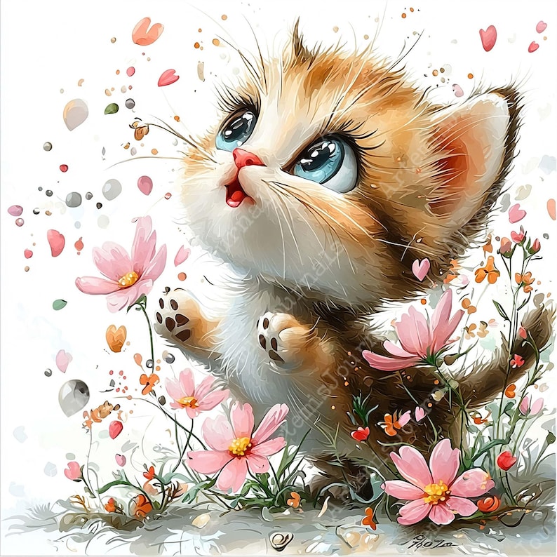 a painting of a kitten sitting in a field of flowers
