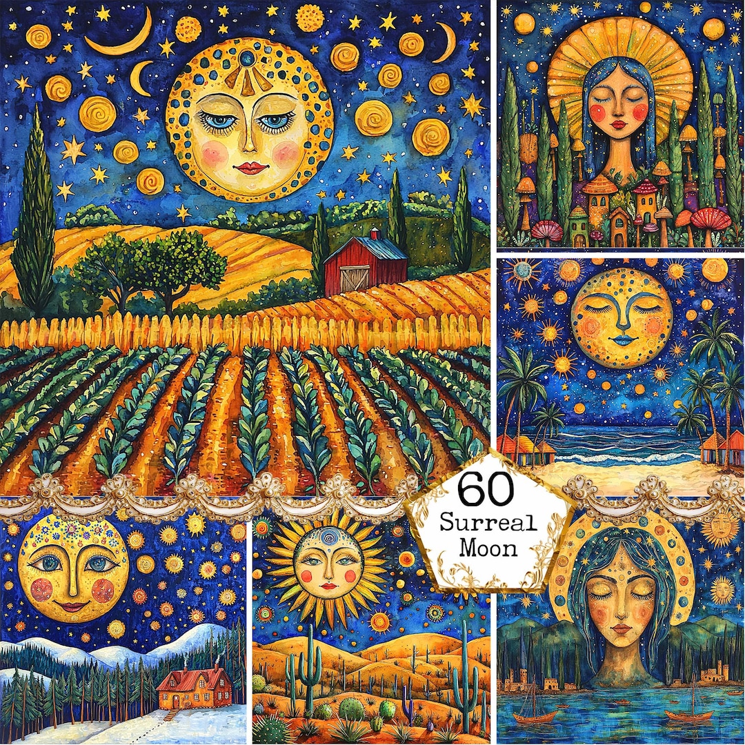 JPEG Surreal Moon Graphics Folk Art Moon Goddess Starry Night Graphics ...