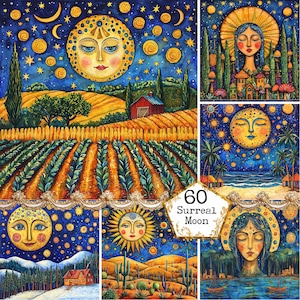 JPEG Surreal Moon Graphics Folk Art Moon Goddess Starry Night Graphics Watercolor Art Instant Download Paper Craft Junk Journal Scrapbooking