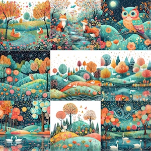 a painting of a forest scene with a fox and a bird