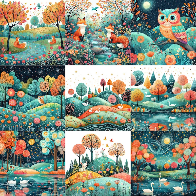a painting of a forest scene with a fox and a bird