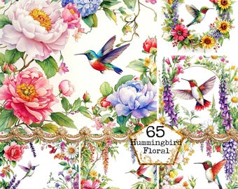JPEG Watercolor Floral Humming Bird Clipart Bundle Spring Bird Graphics Clipart Instant Download Paper Crafts Junk Journal Scrapbooking