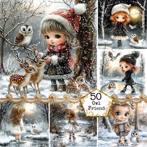 Pacchetto di illustrazioni JPEG di ragazza e gufo, foresta magica, arte da favola, grafica invernale, download immediato, artigianato di carta, diario spazzatura, scrapbooking