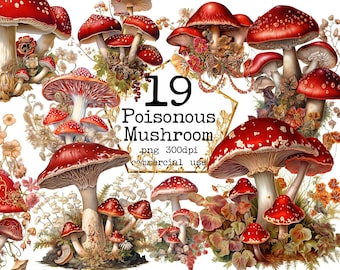 May include: A digital illustration of 19 red and white poisonous mushrooms with white spots. The mushrooms are surrounded by green leaves and flowers. The text "19 Poisonous Mushroom .png 300dpi commercial use" is in the centre of the image.
