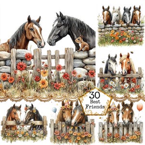 JPEG Aquarell Pferde, die über einen Zaun schauen Clipart Bundle Beste Freunde Bauernhof Tiere Sofortiger Download Papier Handwerk Junk Journal Scrapbooking