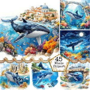 JPEG aquarel walvis met landschap clipart bundel oceaan clipart zee onderwater Instant Download papier ambachten ongewenste dagboek scrapbooking