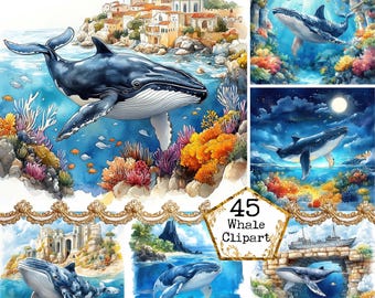 May include: A set of 45 digital whale clipart images. The images feature whales swimming in various underwater scenes, including coral reefs, a night sky with a moon, and a sunken ship. The whales are depicted in a watercolor style.