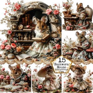 JPG Acquerello Vintage Fairytale Mouse JPEG Bookworm Clipart Campo Mouse Lady Mouse Download immediato Artigianato di carta Junk Journal Scrapbooking