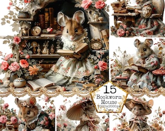 JPG aquarel vintage sprookjesmuis JPEG boekenwurm clipart veldmuis Lady Mouse Instant Download papier ambachten ongewenste dagboek scrapbooking