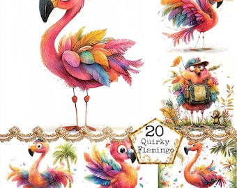 JPEG Whimsical Flamingo Clipart Bundle Quirky Flamingo Whimsical Bird Clipart Instant Download Paper Crafts Junk Journal Scrapbooking