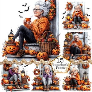 JPEG süsse Oma Herbst Veranda Clipart Bundle Oma und Kaffee Halloween Veranda Instant Download Papier Handwerk Junk Journal Scrapbooking