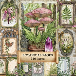 Puede incluir: Un collage de ilustraciones botánicas con setas, helechos y arreglos florales. Una pancarta dice "BOTANICAL PAGES 140 Pages". La obra de arte incluye un cristal morado e impresiones botánicas enmarcadas.