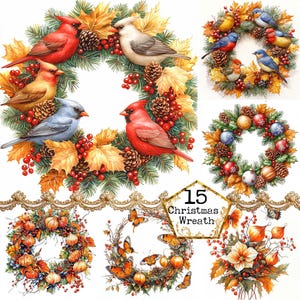 JPEG Couronne de Noël aquarelle Clipart Bundle Oiseaux de Noël Bas de Noël Téléchargement instantané Créations en papier Journal indésirable Scrapbooking
