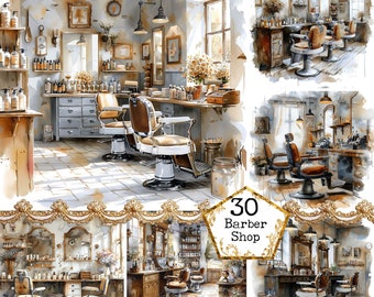 Watercolor Vintage Barber Shop JPEG Instant Download Hairdresser's Shop Commercial Use Retro Clipart Paper Crafts Junk Journal Scrapbooking