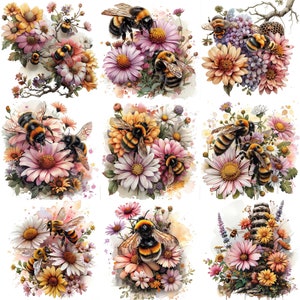 K&ouml;nnte beinhalten: Neun digitale Illustrationen von Hummeln, die rosa, wei&szlig;e und gelbe Blumen best&auml;uben. Die Bienen sind in einem realistischen Stil mit filigranen Details dargestellt. Die Blumen sind in Str&auml;u&szlig;en mit gr&uuml;nen Bl&auml;ttern und Stielen angeordnet.