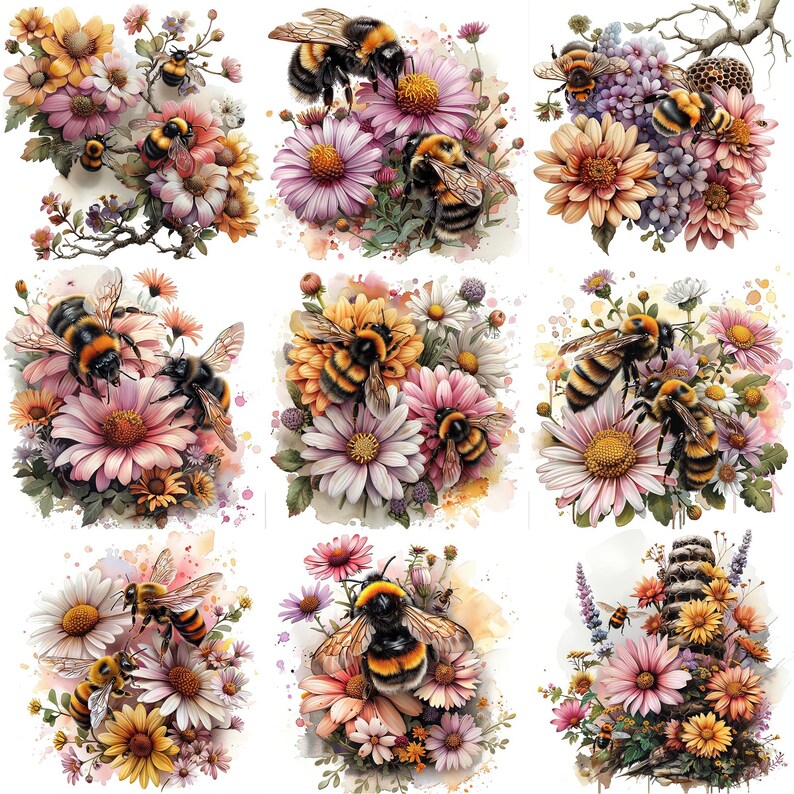 K&ouml;nnte beinhalten: Neun digitale Illustrationen von Hummeln, die rosa, wei&szlig;e und gelbe Blumen best&auml;uben. Die Bienen sind in einem realistischen Stil mit filigranen Details dargestellt. Die Blumen sind in Str&auml;u&szlig;en mit gr&uuml;nen Bl&auml;ttern und Stielen angeordnet.