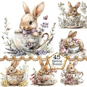 JPEG Acquerello Primavera Coniglio in una Tazza da Tè Floreale Clipart Bundle Carino Coniglietto Clipart Download Istantaneo Carta Artigianato Junk Journal Scrapbooking