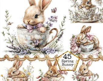 JPEG Watercolor Spring Rabbit in a Floral Teacup Clipart Bundle Cute Bunny Clipart  Instant Download Paper Crafts Junk Journal Scrapbooking