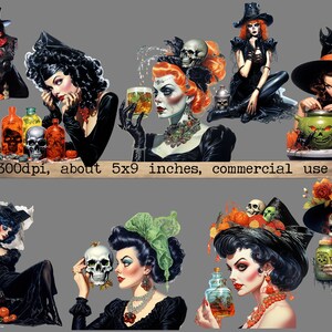 May include: A digital collage of ten Halloween-themed images featuring witches, skulls, potions, and other spooky elements. The images are set against a gray background and are approximately 5x9 inches in size.