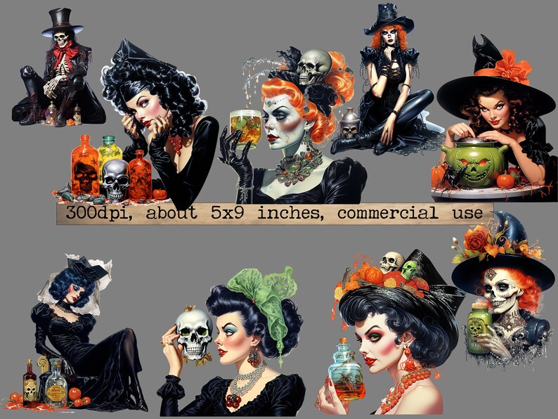 May include: A digital collage of ten Halloween-themed images featuring witches, skulls, potions, and other spooky elements. The images are set against a gray background and are approximately 5x9 inches in size.