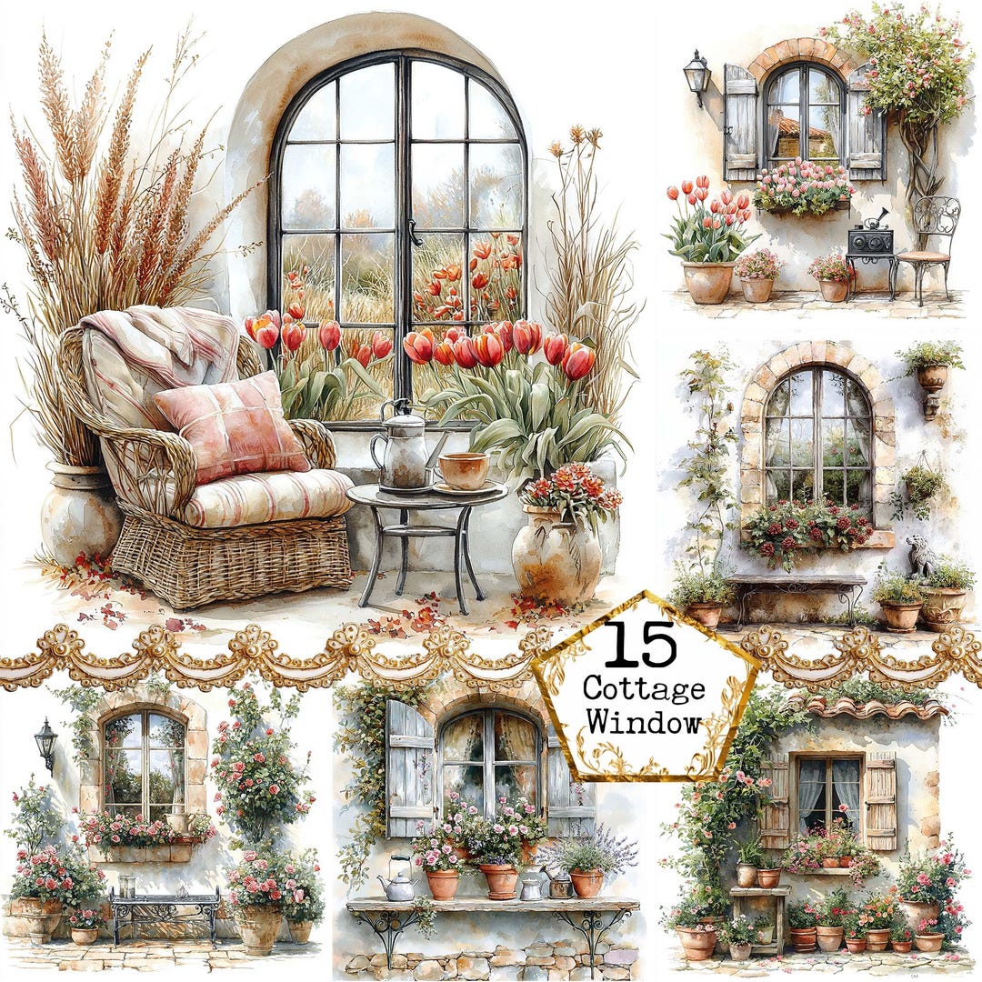 JPEG Watercolor Rustic Cottage Window Clipart Cottage Window Cozy ...