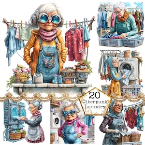 JPEG Cyberpunk ältere Dame beim Wäsche Clipart Oma Clipart Waschen Haus Ufer Sofort-Download Papier Handwerk Junk Journal Scrapbooking