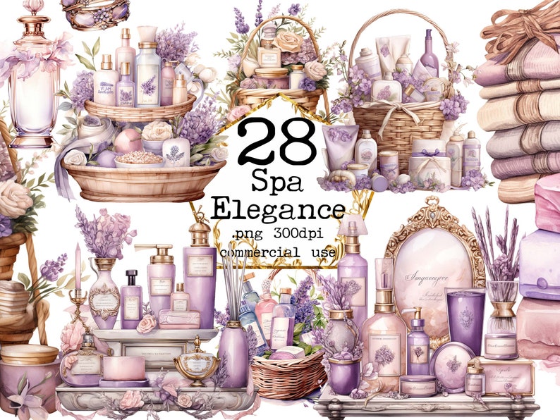 K&ouml;nnte beinhalten: Eine Sammlung von 28 Spa- und Badeprodukten im Aquarellstil. Die Produkte sind in den Farben Lila, Lavendel und Wei&szlig; gehalten. Zu den Produkten geh&ouml;ren Flaschen, Gl&auml;ser, Seifen, Kerzen und K&ouml;rbe. Der Text "28 Spa Elegance .png 300dpi commercial use" befindet sich in der Mitte des Bildes.