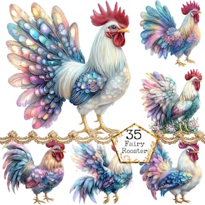 PNG + JPEG Watercolor Celestial Rooster Clipart Bundle Sparkly Diamond Rooster Image Instant Download Paper Crafts Junk Journal Scrapbooking