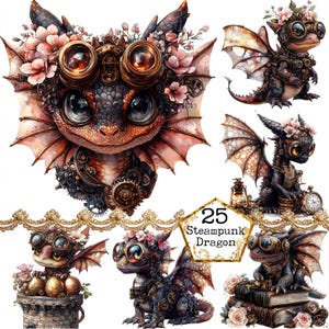JPEG Steampunk Dragons Akwarela Clipart, Fantasy Dragons JPEG, Magiczna Bajka Natychmiastowe Pobieranie Papierowe Rzemiosło Junk Journal Scrapbooking