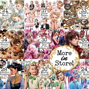 May include: A collage of digital art images featuring various themes, including hearts, eyes, donuts, wedding, medieval life, and music. The images are in a variety of styles, including cartoon, realistic, and abstract. The text "More in Store!" is displayed in the center of the collage.