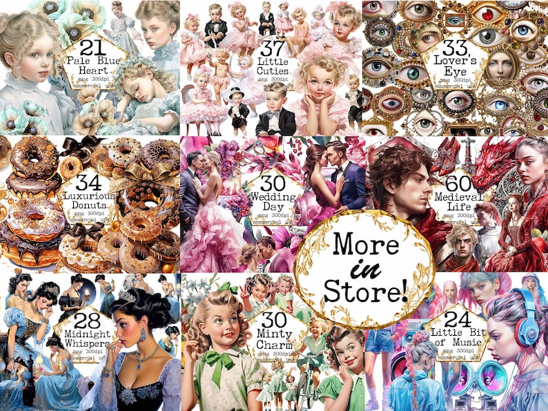 May include: A collage of digital art images featuring various themes, including hearts, eyes, donuts, wedding, medieval life, and music. The images are in a variety of styles, including cartoon, realistic, and abstract. The text "More in Store!" is displayed in the center of the collage.