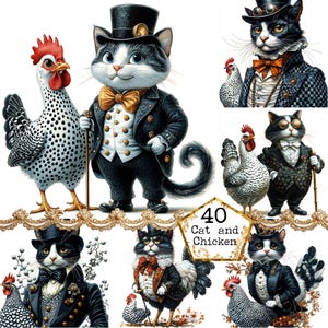 JPEG aquarelle Steampunk chat et poulet Clipart Bundle