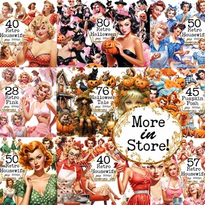 May include: A collage of digital illustrations featuring pin-up style women in various retro and Halloween themed scenes. The images include text such as "Retro Housewife", "Halloween Tale", and "Pumpkin Posh".