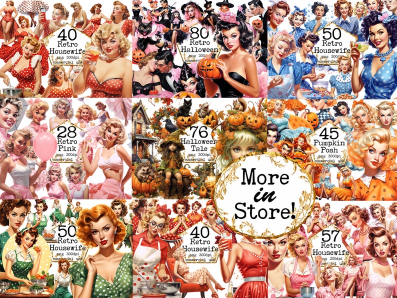 May include: A collage of digital illustrations featuring pin-up style women in various retro and Halloween themed scenes. The images include text such as "Retro Housewife", "Halloween Tale", and "Pumpkin Posh".