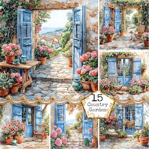 Pacote de clipart de varanda campestre em aquarela JPEG Download instantâneo JPEG Uso comercial Flores da primavera Artesanato em papel Diário de sucata Scrapbooking