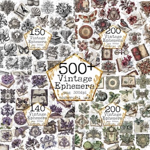 May include: A collection of over 500 vintage illustrations, ideal for crafting and digital projects. The images are in black and white and feature a variety of subjects, including flowers, books, insects, and more. The images are high-resolution and perfect for printing.