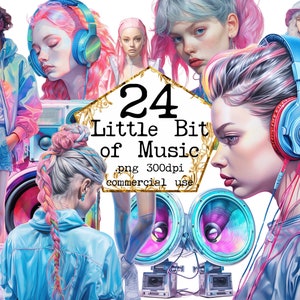 Conjunto de clipart de amante de música em aquarela Fashion Girl, transparente PNG fones de ouvido cartão fazendo scrapbook lixo diário artesanato em papel, uso comercial