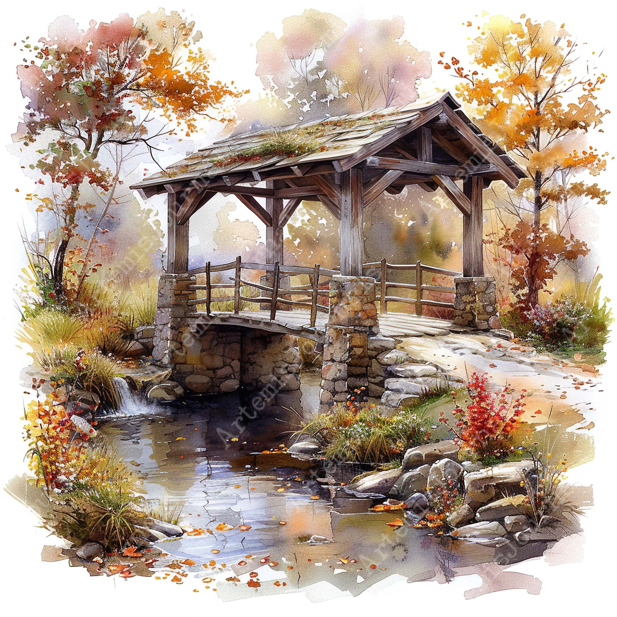 水彩画の秋の屋根付き橋のクリップアート バンドル JPEG 風景 風景