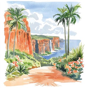a watercolor painting of palm trees and cliffs