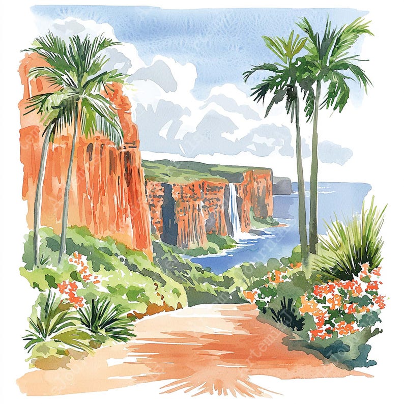 a watercolor painting of palm trees and cliffs
