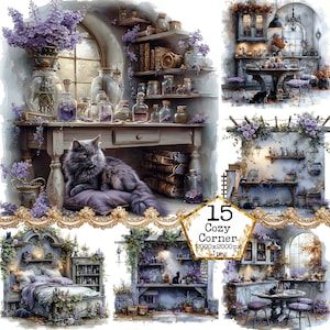 Coin sorcière cosy shabby chic JPEG Coin cosy Intérieurs cosy maison Usage commercial Téléchargement instantané Papier Artisanat indésirable Journal Scrapbooking