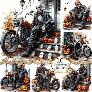 May include: A digital collage of ten images featuring skeleton bikers riding motorcycles. The skeletons are dressed in leather jackets and jeans, and they are riding various motorcycles. The images are set against a backdrop of autumn leaves and pumpkins.