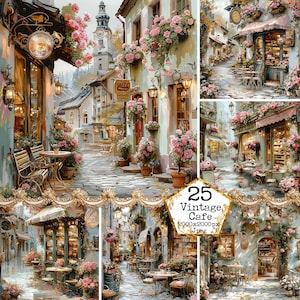 Vintage Shabby Chic Café Clipart Bundle JPEG Sfondo vintage Café Vicolo stretto Download immediato Mestieri di carta Junk Journal Scrapbooking