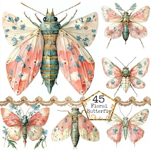 JPEG Floral papillon de nuit Clipart Bundle Pastel insecte fantaisie papillon de nuit Clipart usage commercial Téléchargement instantané papier artisanat Junk Journal Scrapbooking