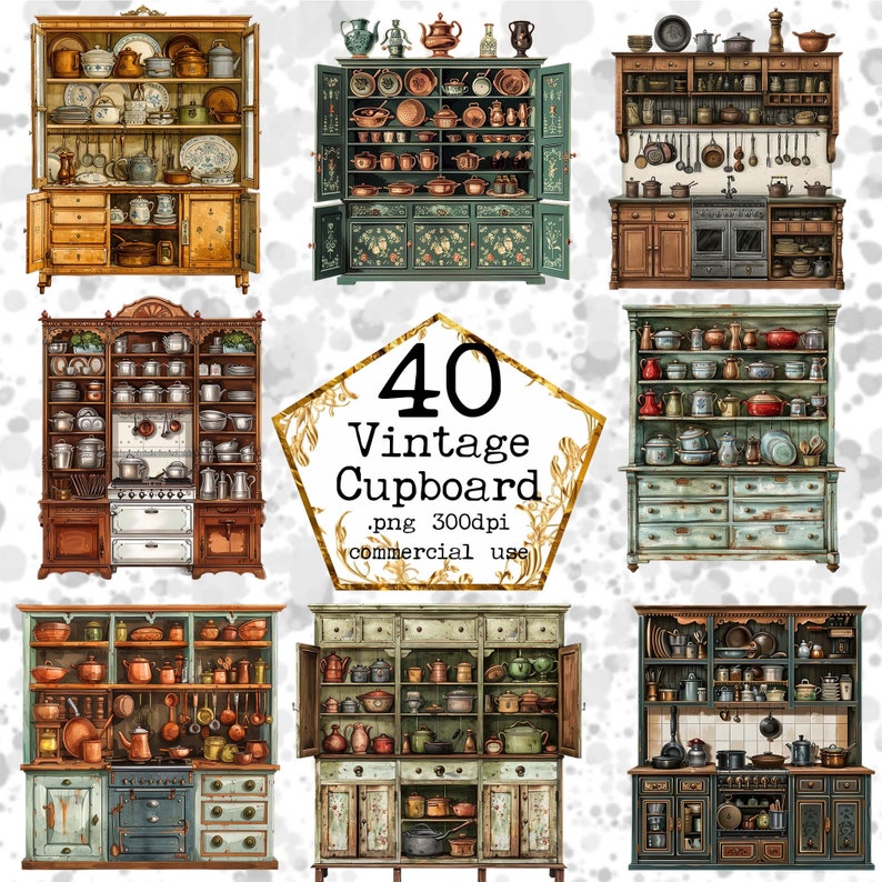 Watercolor Vintage Cupboards Clipart Bundle Antique Kitchen Clipart ...